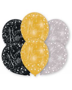 Luftballons Happy Birthday gold/silber/schwarz 6 Stk.